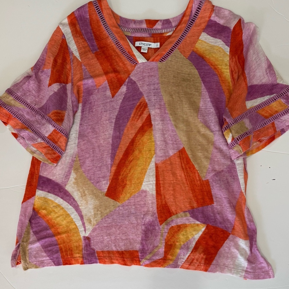 Chico's Linen Tunic Top Colorblock V Neck Oversized Boho Beach L - Picture 3 of 7